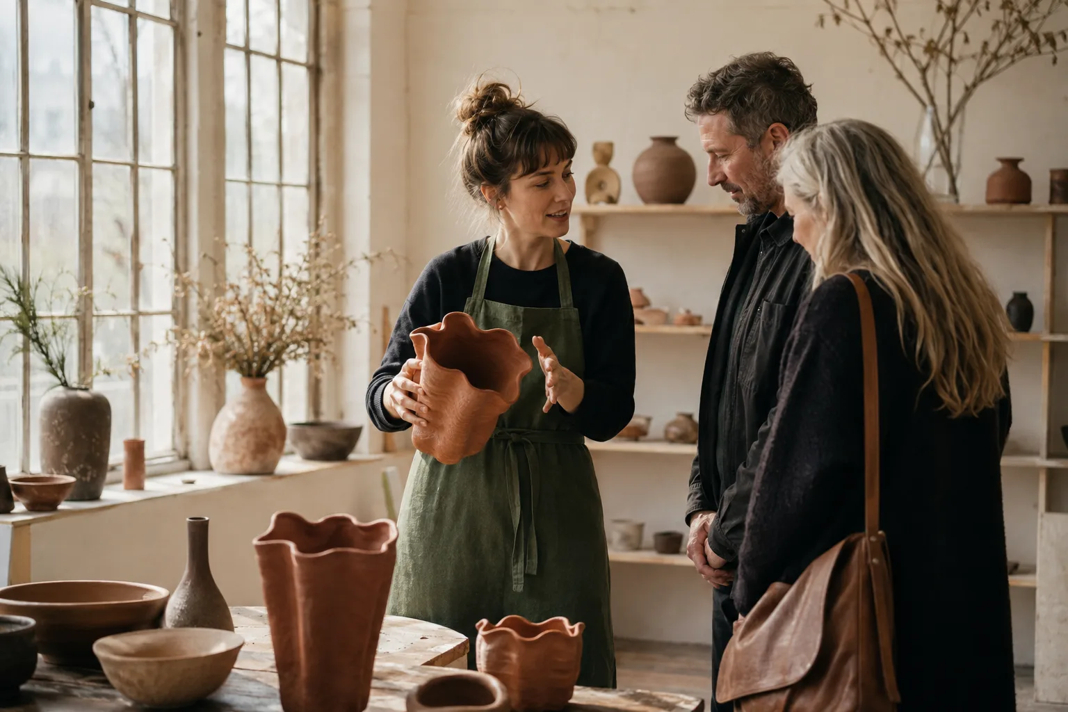 Illustrative scene of a ceramic artist sharing her work with studio visitors