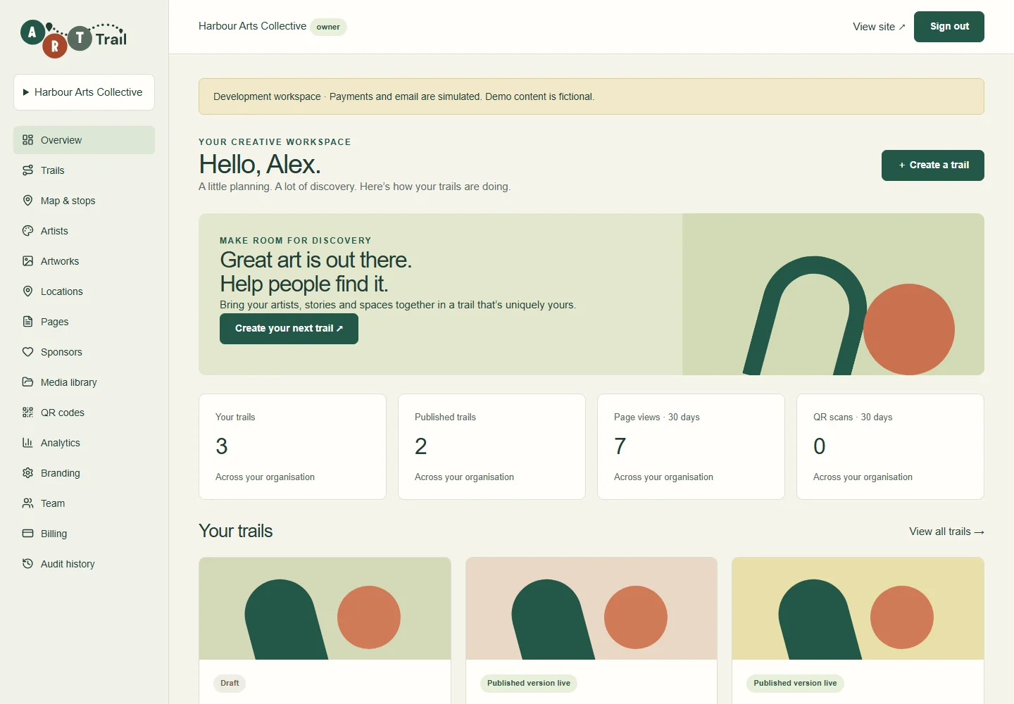 Art Trail organiser dashboard showing fictional Harbour Arts Collective demo content